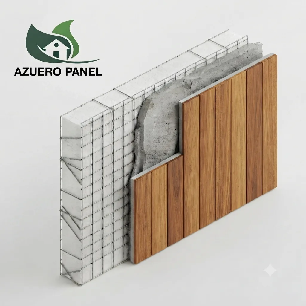 Acabado en madera sobre muro construido con el sistema Azuero Panel