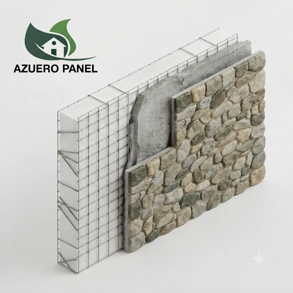 Acabado en piedra sobre muro construido con el sistema Azuero Panel